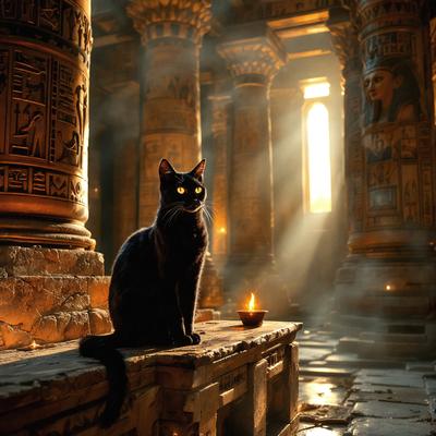 The primary subject of the image is a black cat sitting on a stone bench. The setting is a room with a stone floor and a stone bench. The visual style is a photo, and the dominant colors are black and white, with a slightly eerie atmosphere.